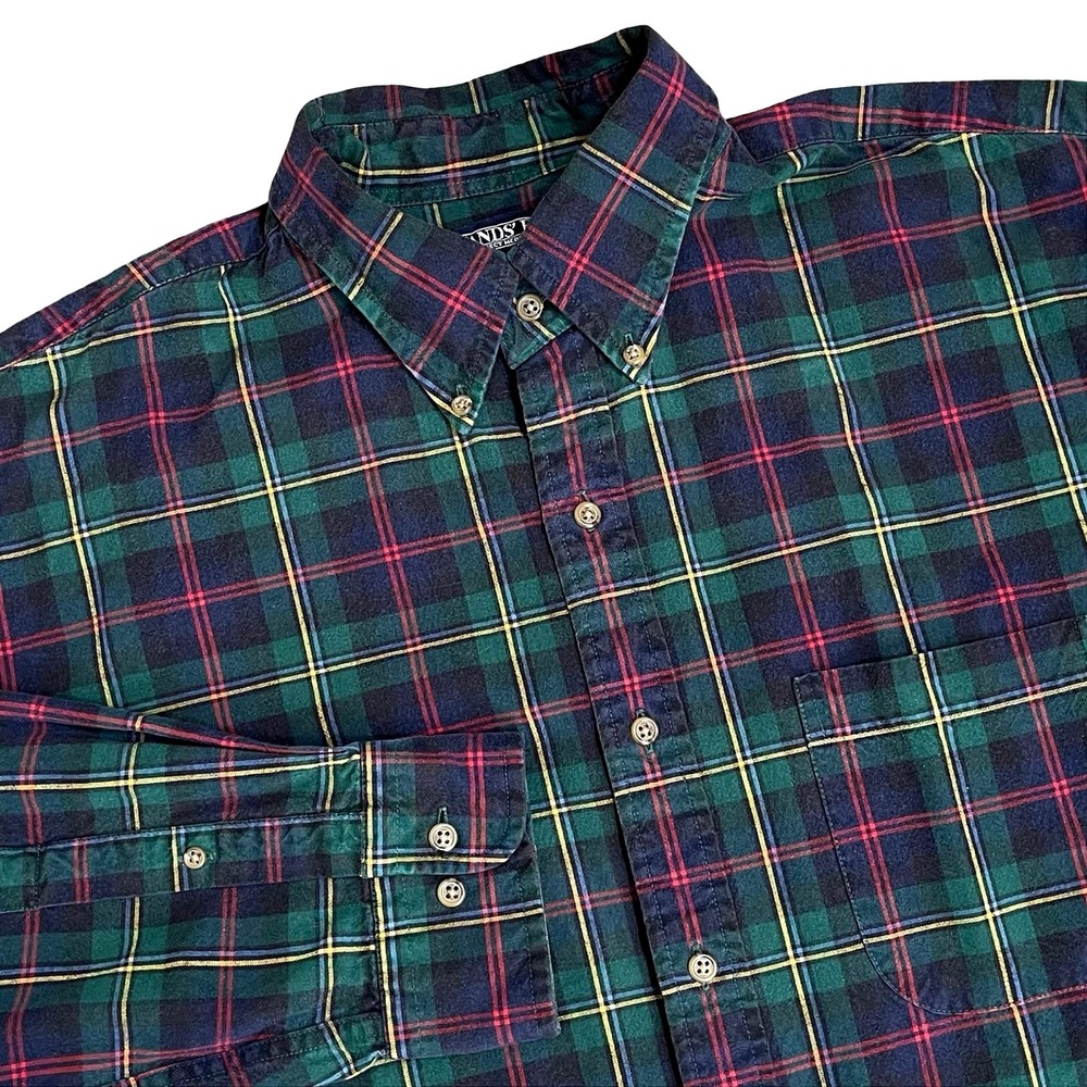 Vintage Lands End Plaid Flannel Shirt Mens L 16 Green Blue Red Cotton Classic